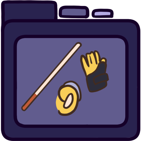 a purple file folder with a white cane, an ear with a hearing aid in it, and a hand wearing a wrist brace on it.
